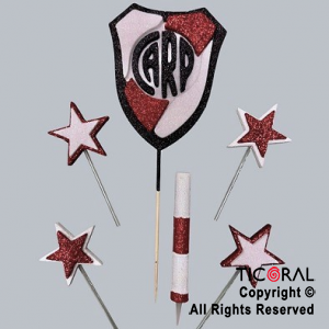 ADORNO DE TORTA SET ESCUDO RIVER CON 4 ESTRELLAS Y BENGALA GIBRE x 1
